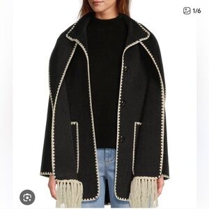 Black Scarf Coat with Fringe Trim